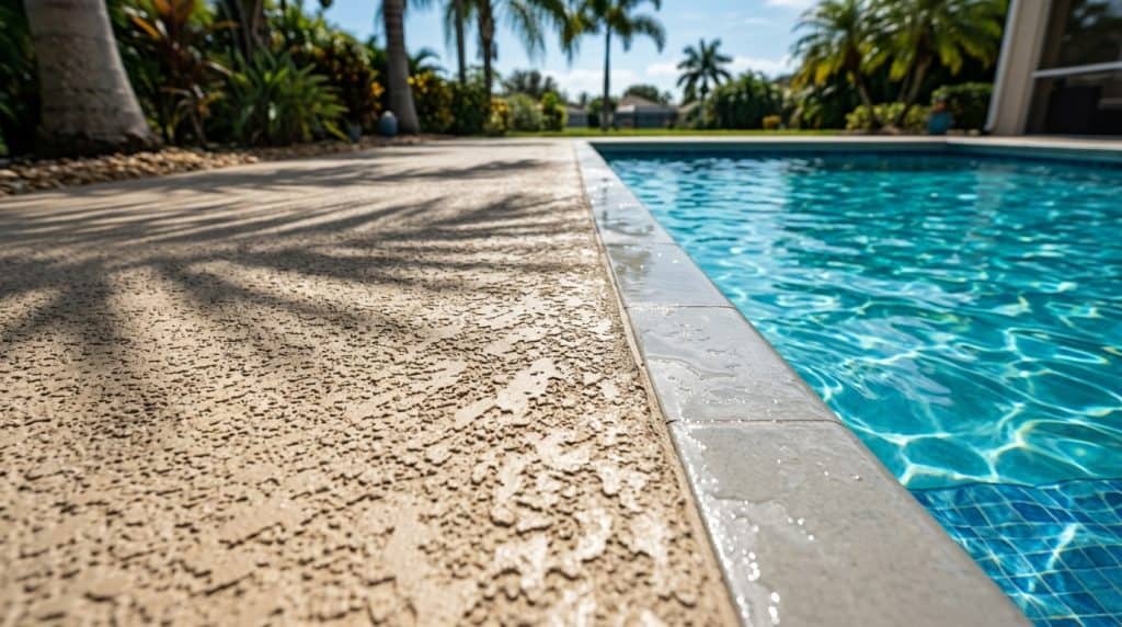Close-up texture of freshly resurfaced acrylic knockdown concrete pool deck beside clear pool water