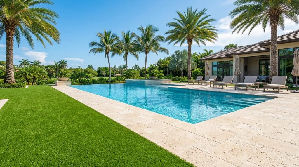 Lush green artificial turf grass bordering luxury travertine pool deck and swimming pool