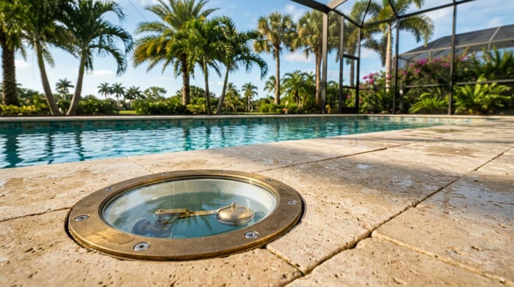 Automatic pool water leveler canister with brass float valve in travertine pool deck