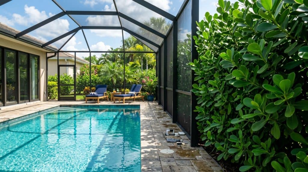 Lush green clusia privacy hedge growing outside screened pool cage enclosure beside swimming pool