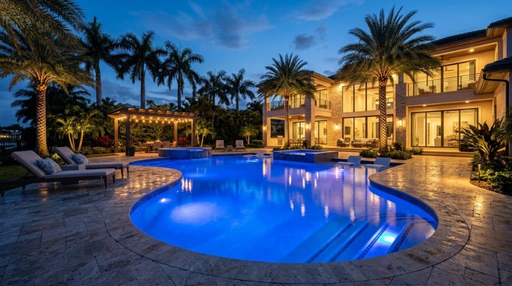 Luxury Florida swimming pool illuminated at night with vibrant blue LED pool lighting