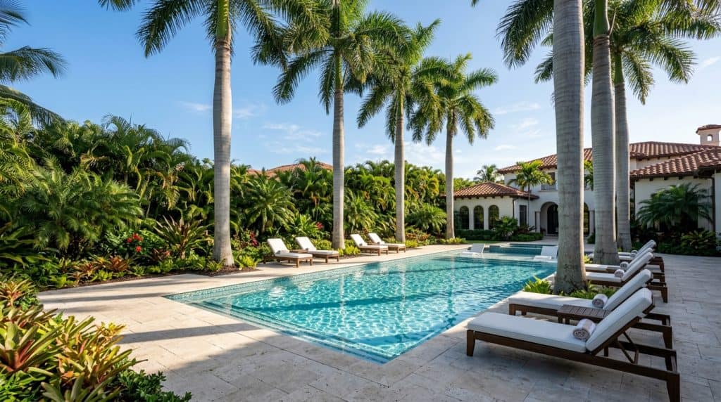 Majestic royal palm trees bordering luxury Florida swimming pool patio and travertine pavers