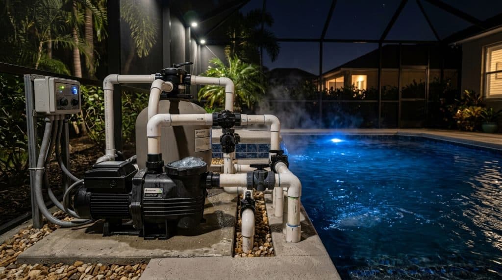 Variable speed pool pump and plumbing actively running during cool Florida night