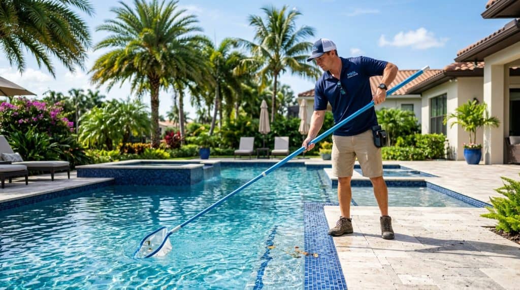 Professional Florida pool technician using skimmer net to clean and sanitize swimming pool waterline