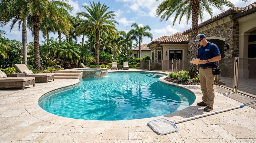 Professional Florida pool service technician performing perimeter safety and wildlife inspection around residential pool patio