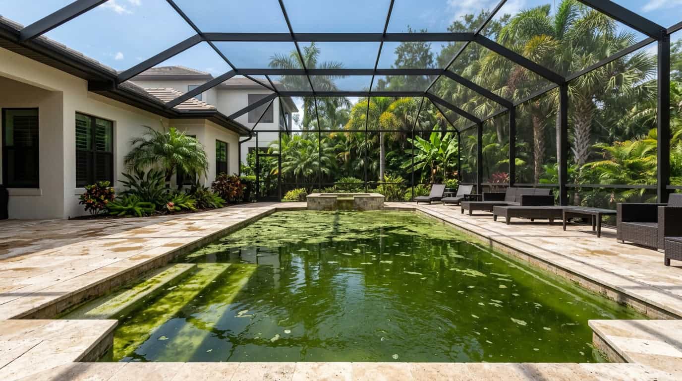 Severe green pool algae bloom