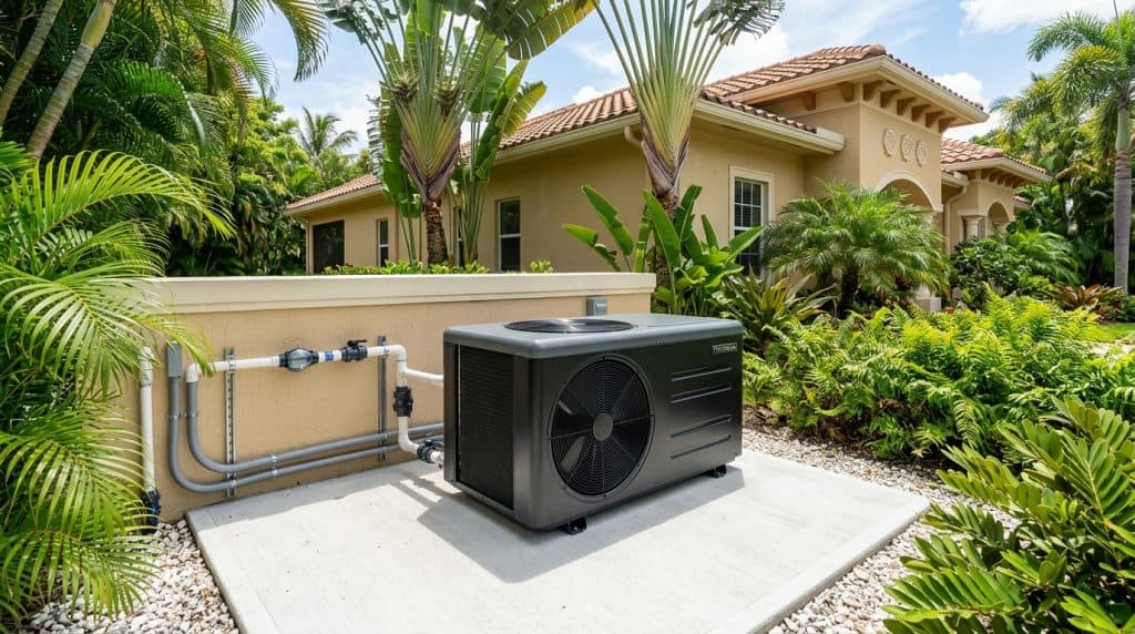 Titanium swimming pool heat pump installed beside luxury Florida residential home