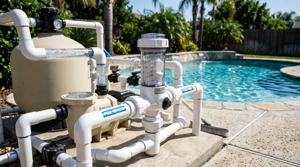 Inline automatic chlorine tablet feeder canister installed on swimming pool PVC plumbing