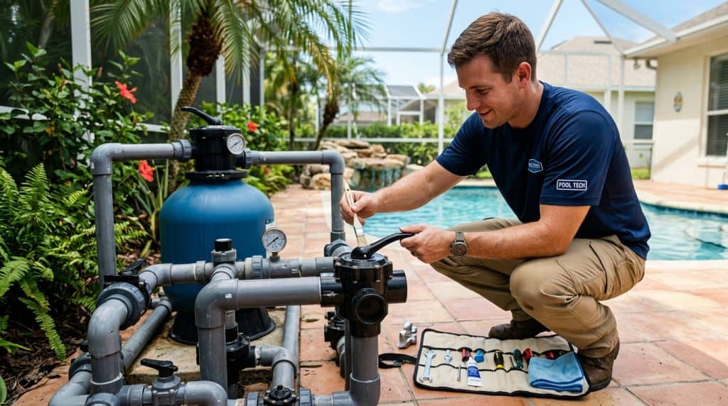 Pool technician maintaining and lubricating 3-way diverter valve on outdoor pool plumbing