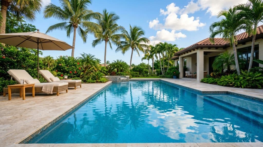 Pristine sparkling blue Florida swimming pool with gentle surface ripples and clean patio