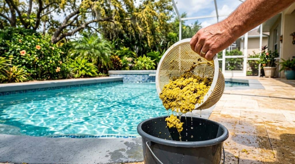 Pool skimmer basket full of yellow spring oak pollen being cleaned into bucket by pool