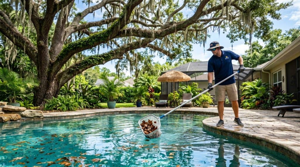 Large live oak tree branches overhanging pool patio while technician skims leaves from water surface