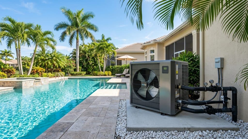 Outdoor pool chiller and reverse-cycle heat pump unit installed on equipment pad