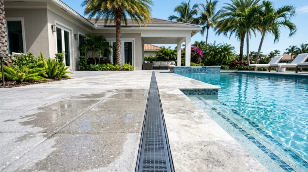Modern channel trench drain installed flush into pool deck pavers to prevent storm water flooding