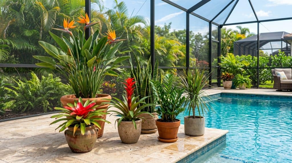 Elegant non-shedding tropical potted plants and bird of paradise on pool deck inside screen lanai