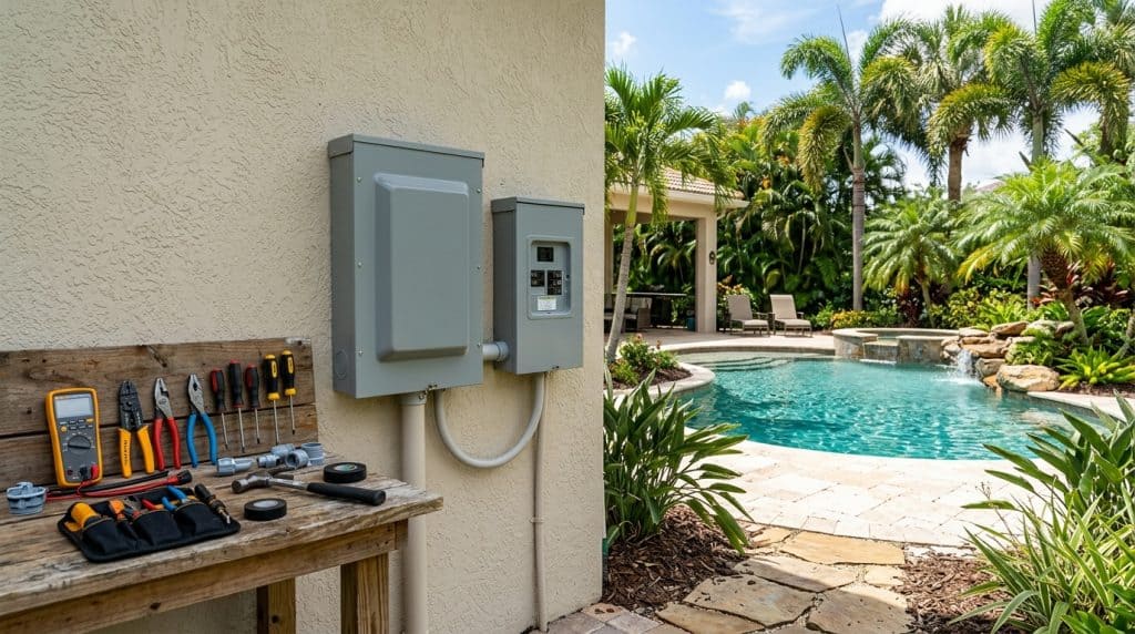 Outdoor electrical panel and GFCI breaker enclosure beside swimming pool with electrician tools