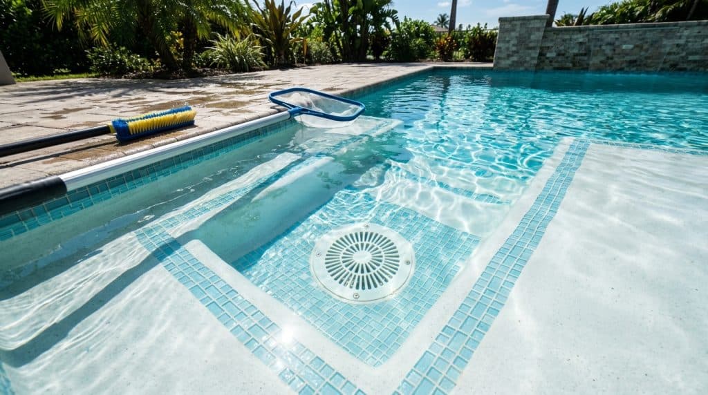 Main drain and hydrostatic relief valve area of crystal clear plaster swimming pool