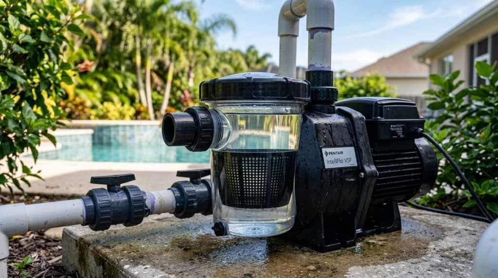Variable speed pool pump strainer basket filled with clear bubble free water