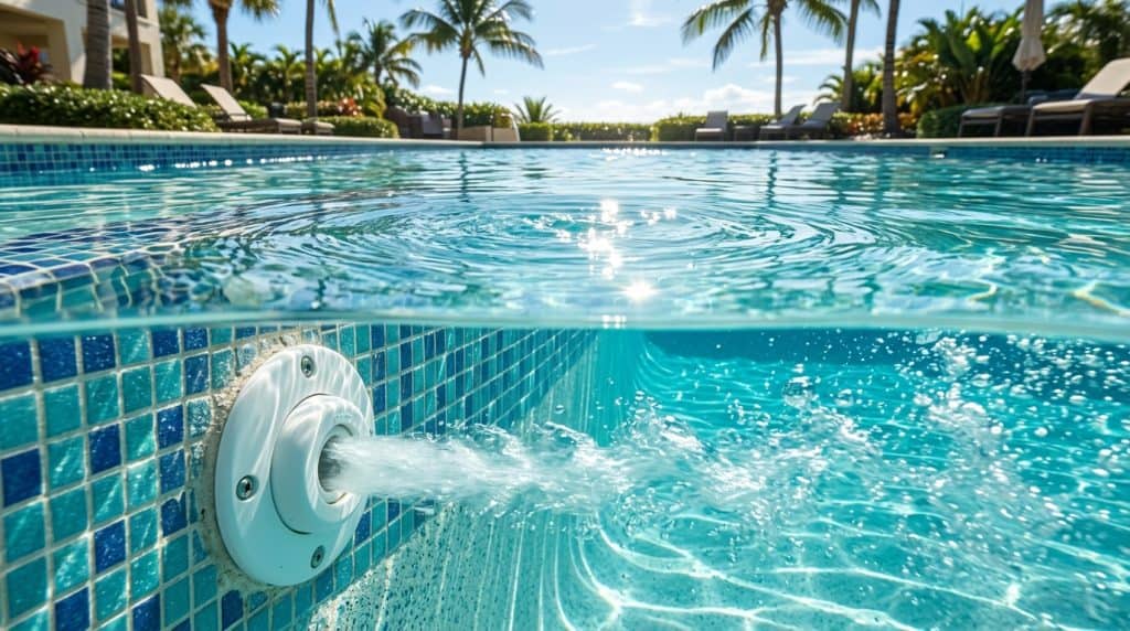 Underwater split shot of directional eyeball return jet nozzle circulating pool water