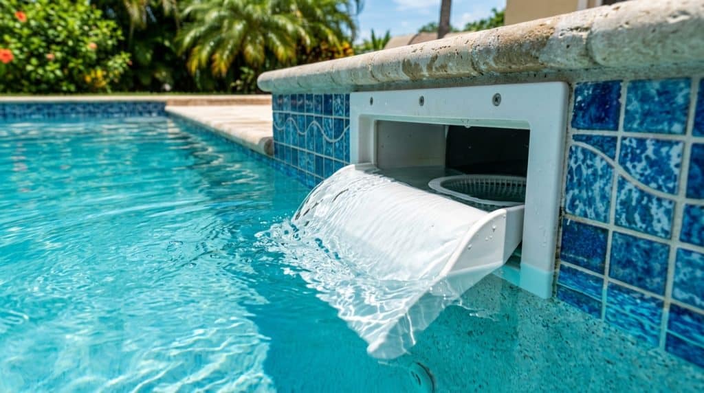Clear pool water smoothly flowing over skimmer weir door flap into basket
