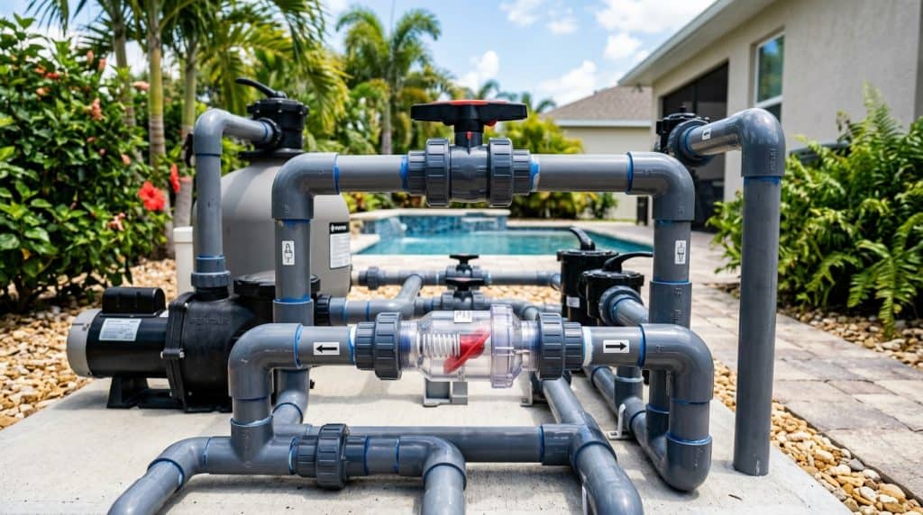Clear PVC spring check valves and plumbing loop on pool equipment pad