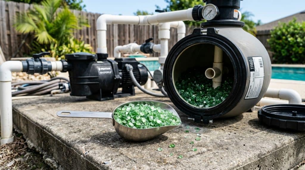Sparkling recycled green glass pool filter media granules in measuring scoop next to filter