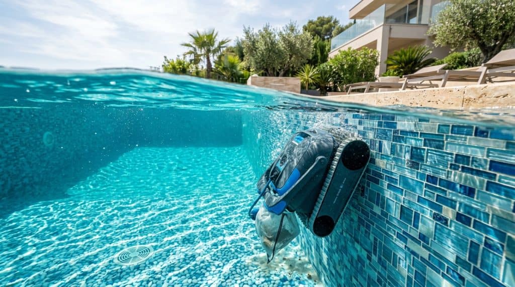 Advanced robotic pool cleaner vacuuming underwater tile and plaster floor