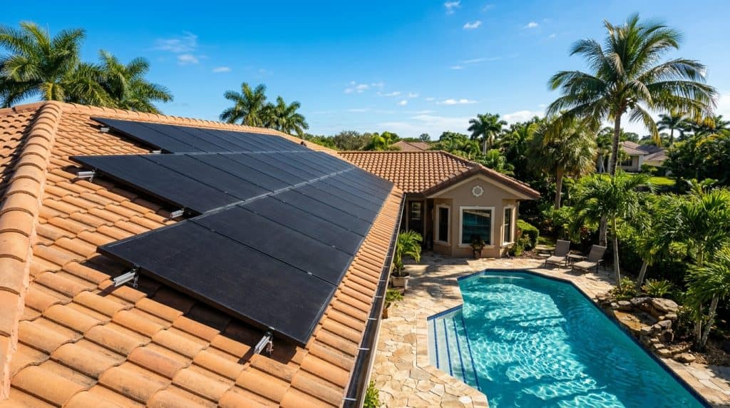 Black rooftop solar pool heating collector panels mounted on tile roof overlooking pool