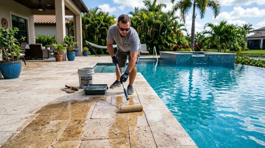 Technician applying protective wet-look sealer with roller to luxury travertine pool deck pavers