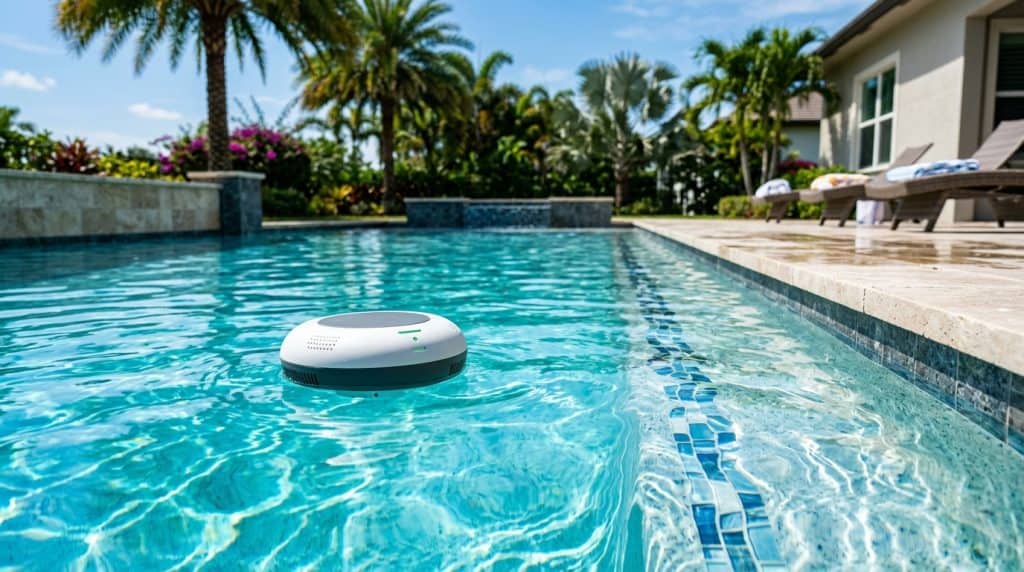 Smart wireless pool water monitor device floating in sparkling crystal clear pool water