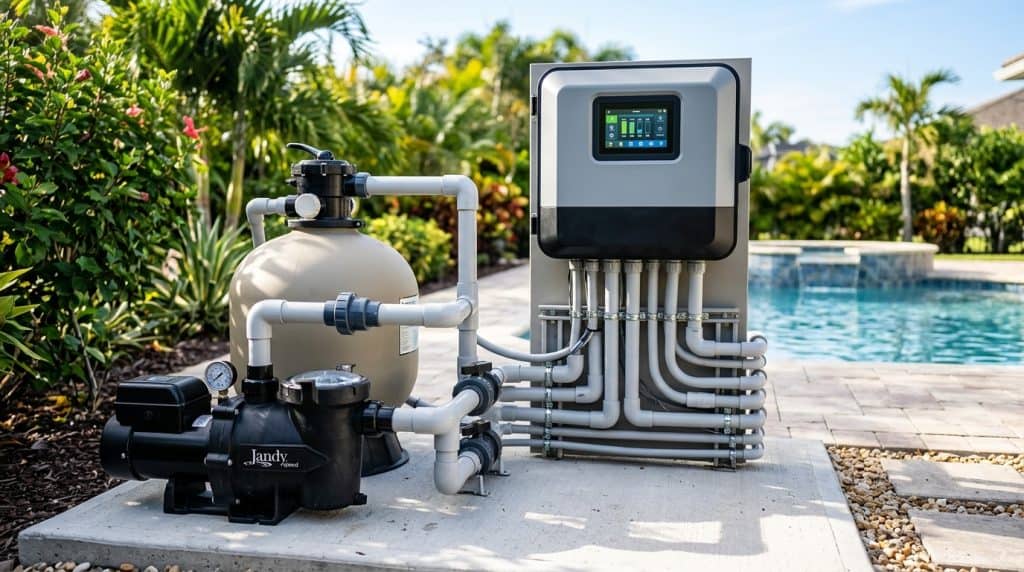 Modern smart pool automation digital controller box on residential equipment pad