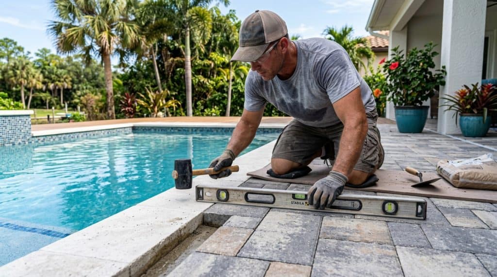 Craftsman using spirit level and rubber mallet repairing and leveling sunken pool pavers